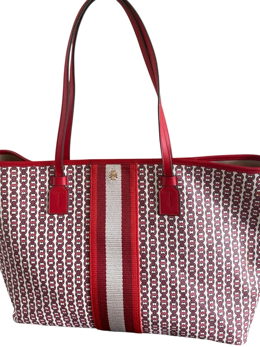 Tory Burch Gemini Link Canvas Tote Bag Red White Striped Like New